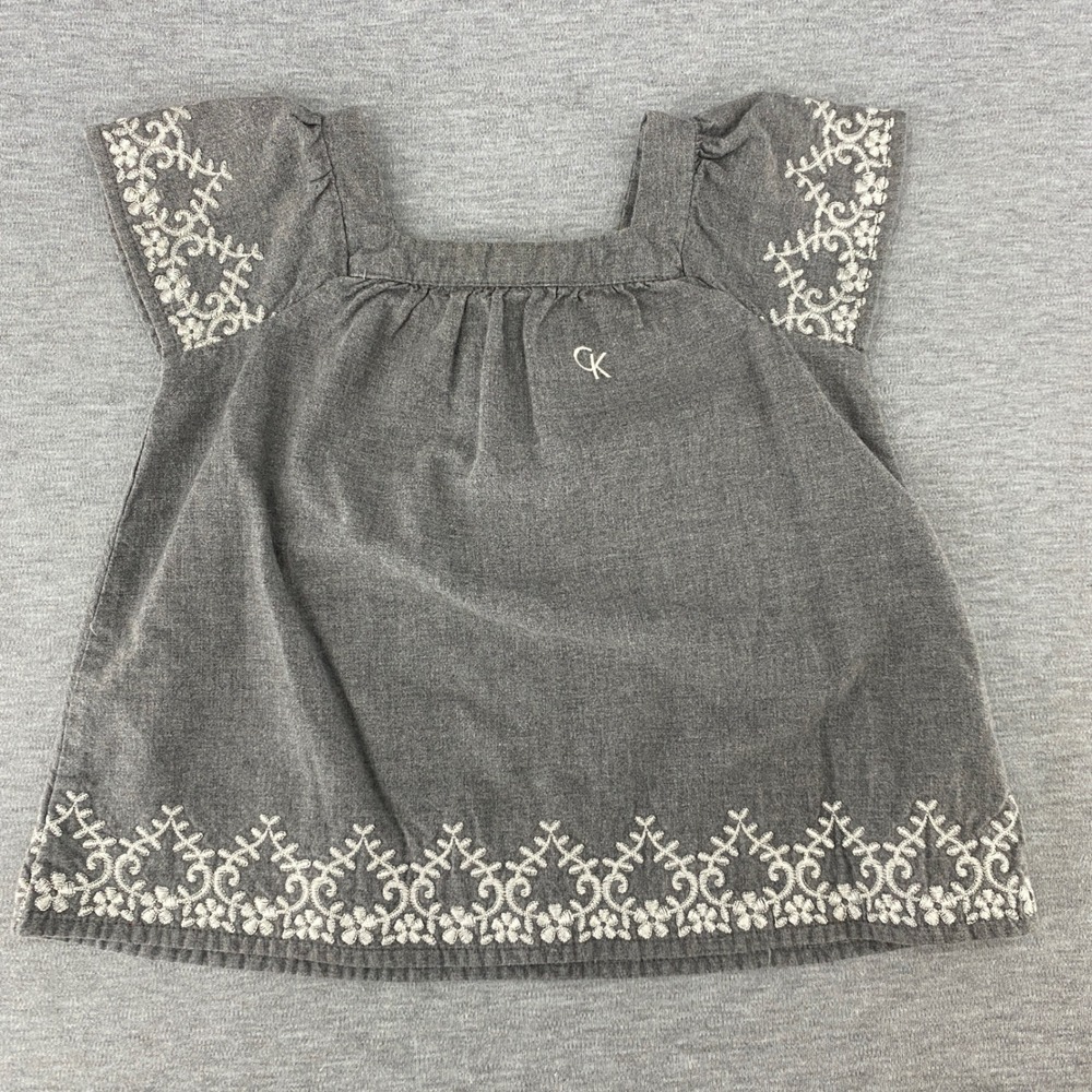 Calvin Klein Baby Girl Gray Embroidered Square Neck Button Front Top 18 Months‎